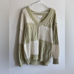 V-Neck Patchwork Sweater - Cream and Green